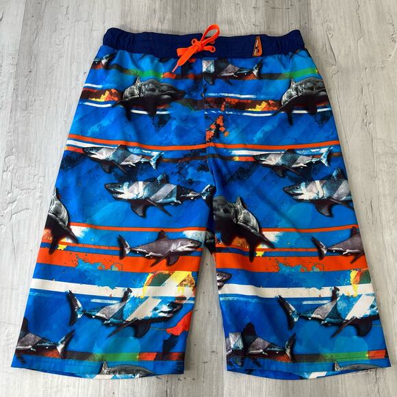 ZeroXposur Blue Orange Sharks Board Short Lined Drawstring Swim Shorts XL 18/20 - Picture 1 of 6